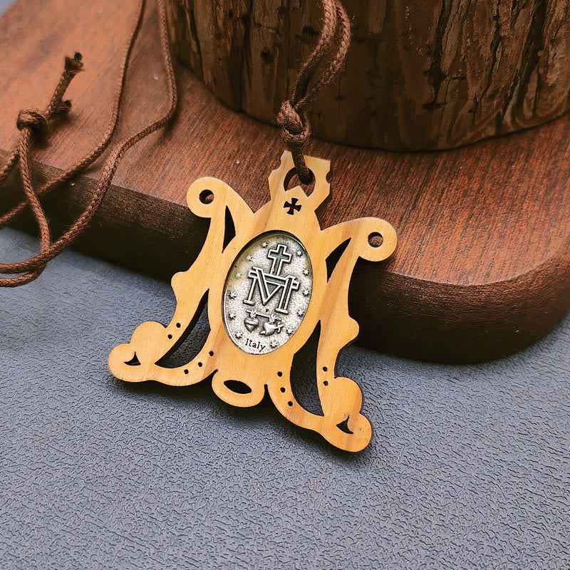 Vintage Olive Wood Miraculous Medal Necklace