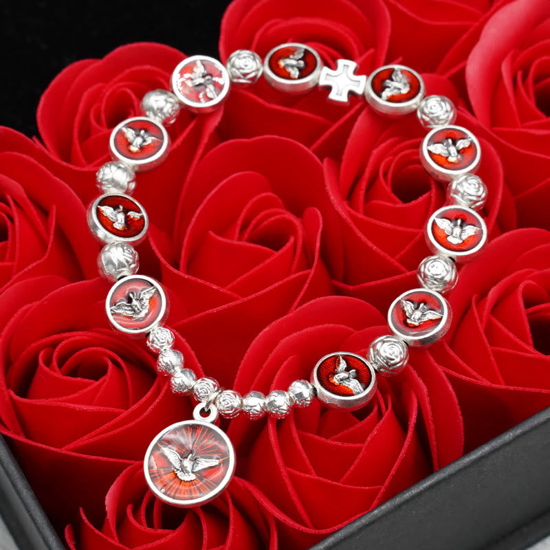 Enamel Holy Spirit with Cross and Rose Beads Bracelet