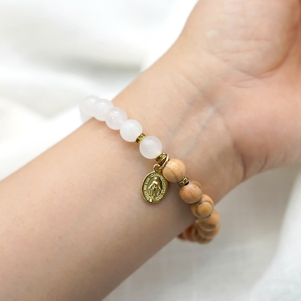 Red Agate & White Chalcedony Beads With Our Lady Pendant Bracelets