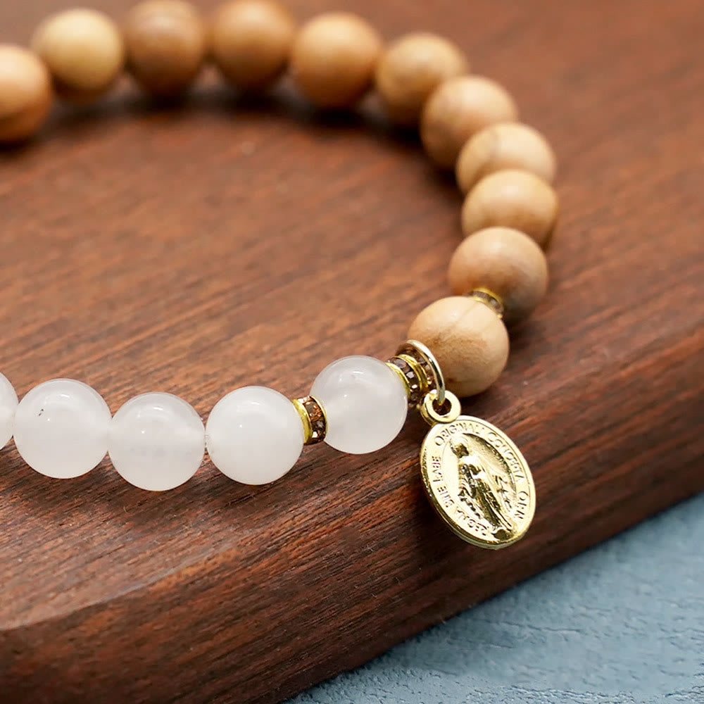 Red Agate & White Chalcedony Beads With Our Lady Pendant Bracelets