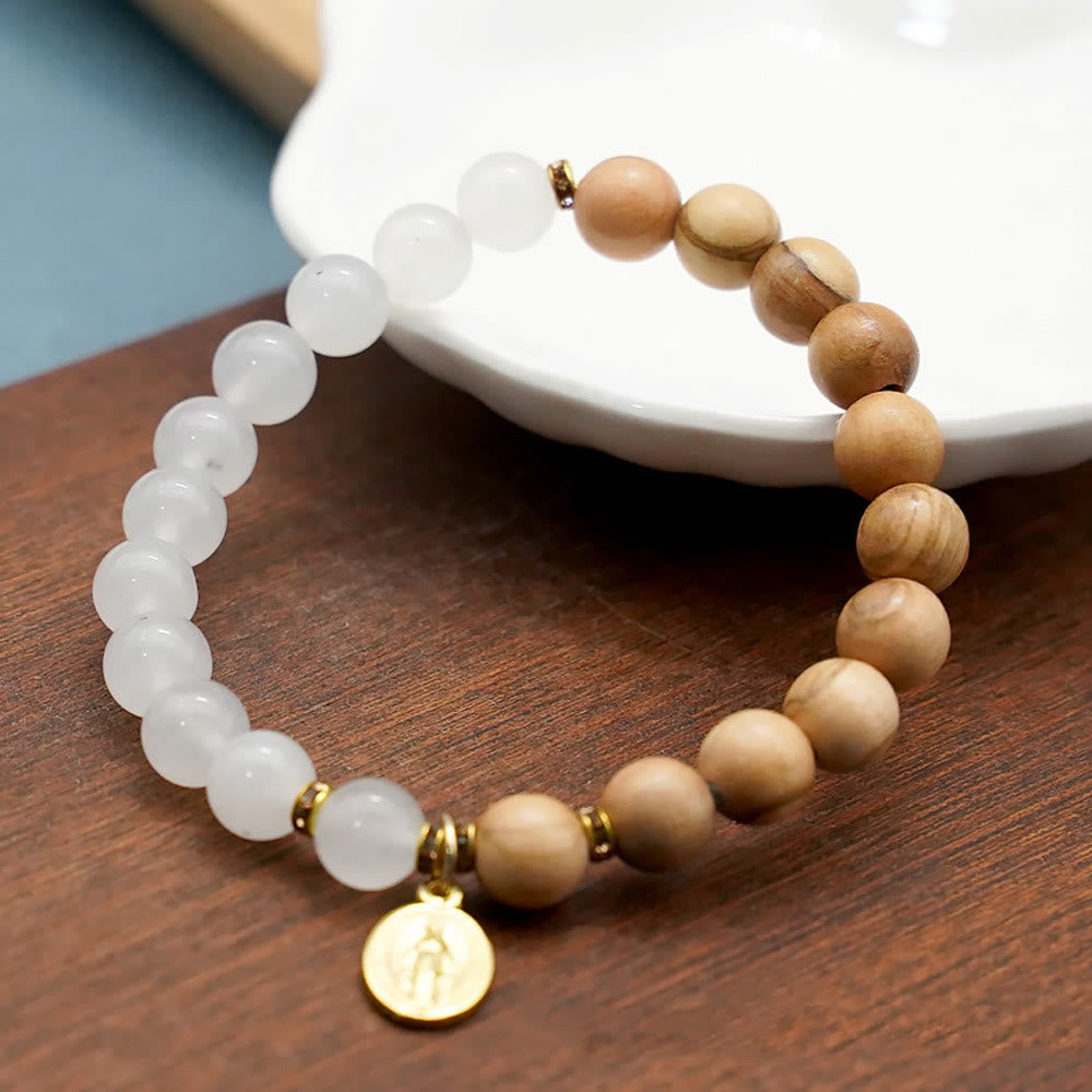 Red Agate & White Chalcedony Beads With Our Lady Pendant Bracelets
