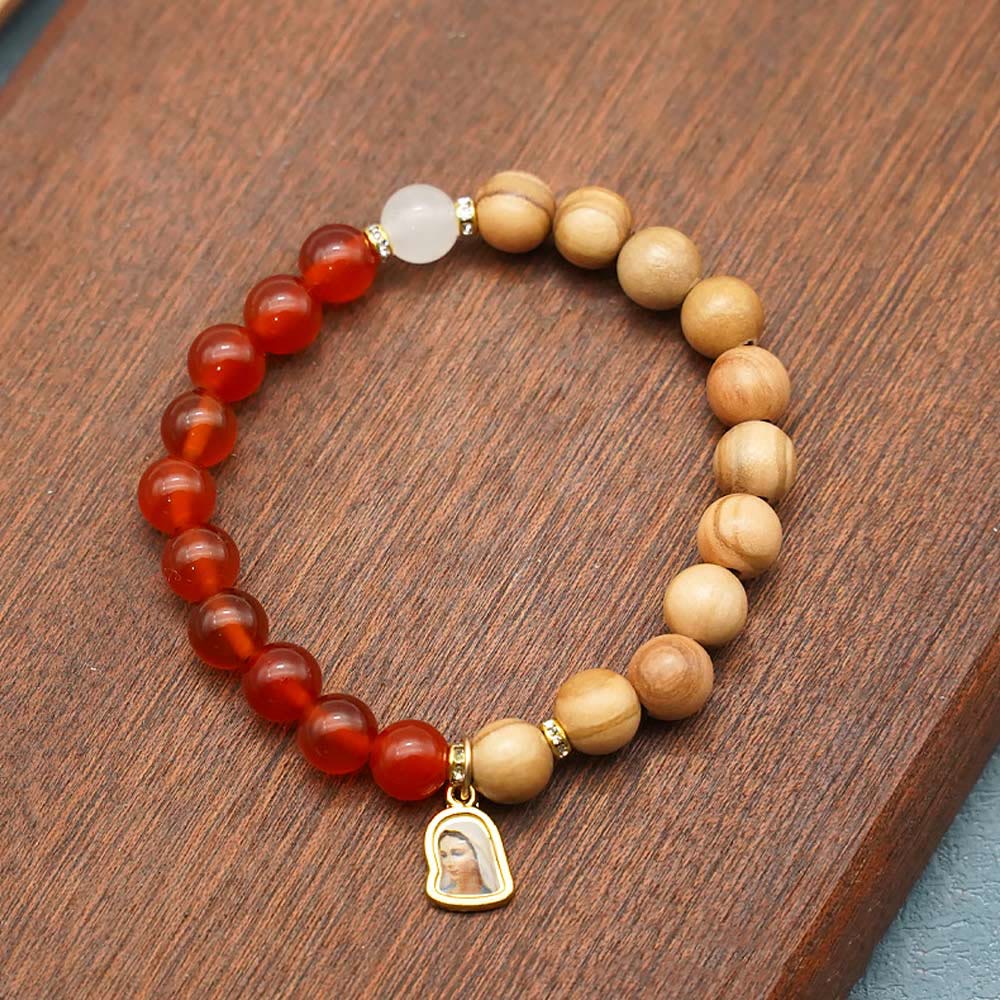 Red Agate & White Chalcedony Beads With Our Lady Pendant Bracelets