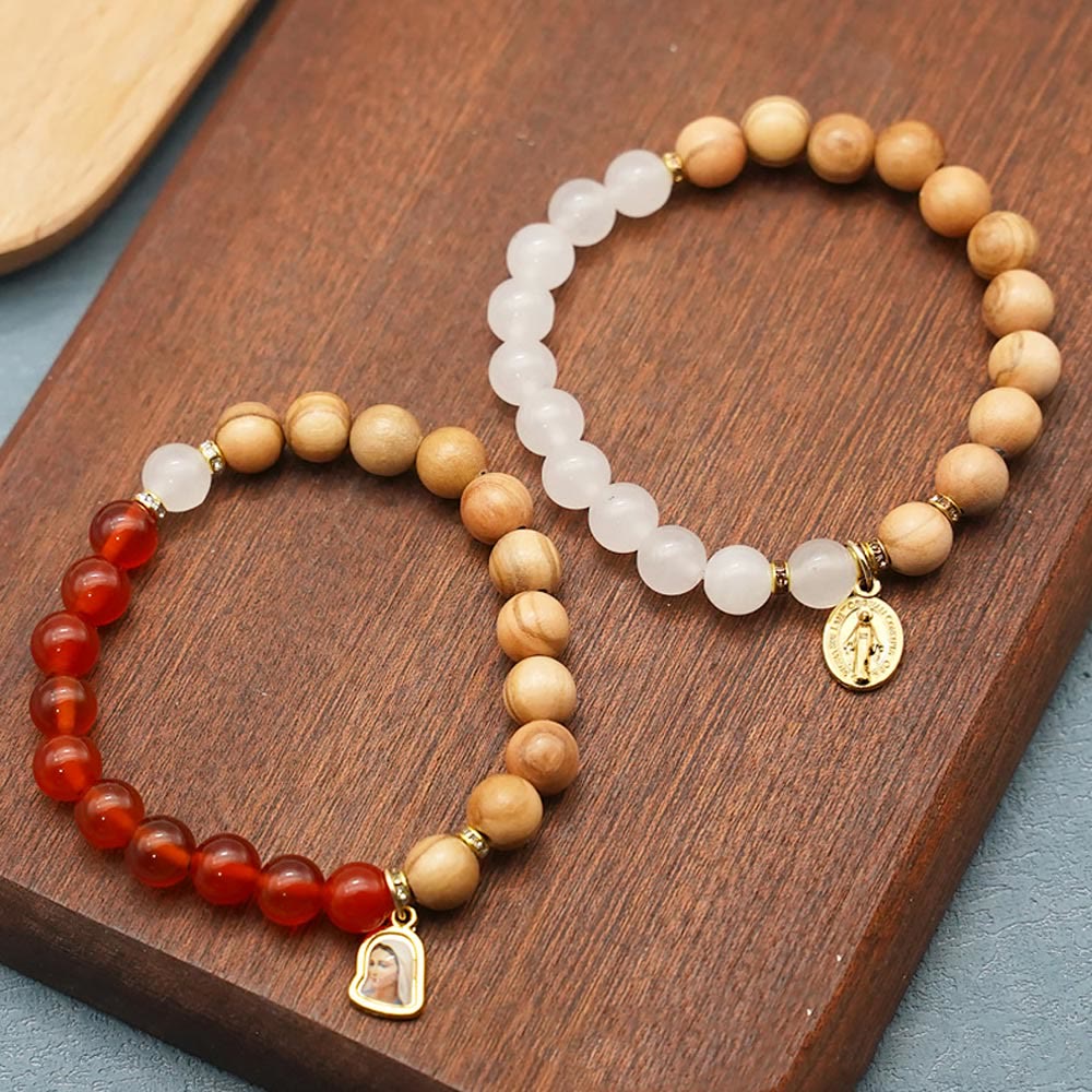 Red Agate & White Chalcedony Beads With Our Lady Pendant Bracelets