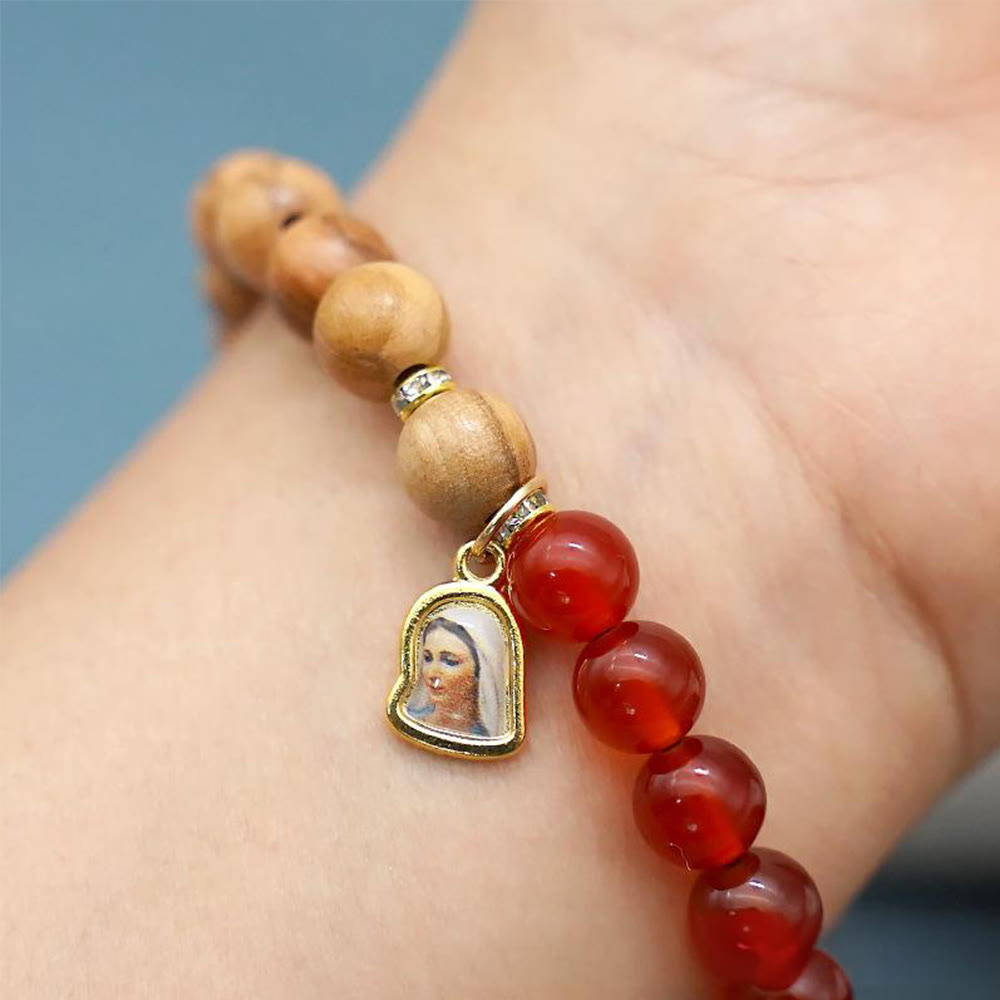 Red Agate & White Chalcedony Beads With Our Lady Pendant Bracelets