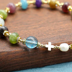 Miraculous Medal & Cross of Round Multicolor Natural Tourmaline Agate