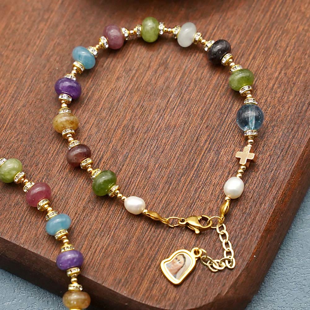 Miraculous Medal & Cross of Round Multicolor Natural Tourmaline Agate