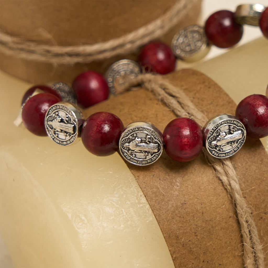 Vintage Style St. Benedict Pendant and Red Beads Bracelet