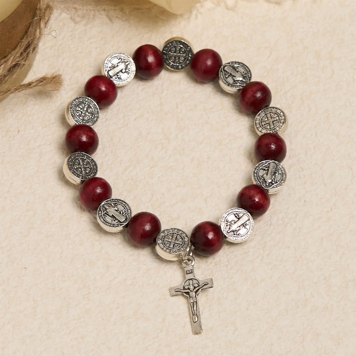 Vintage Style St. Benedict Pendant and Red Beads Bracelet