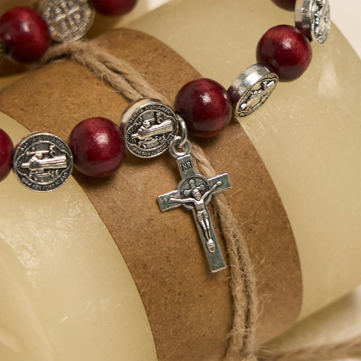 Vintage Style St. Benedict Pendant and Red Beads Bracelet