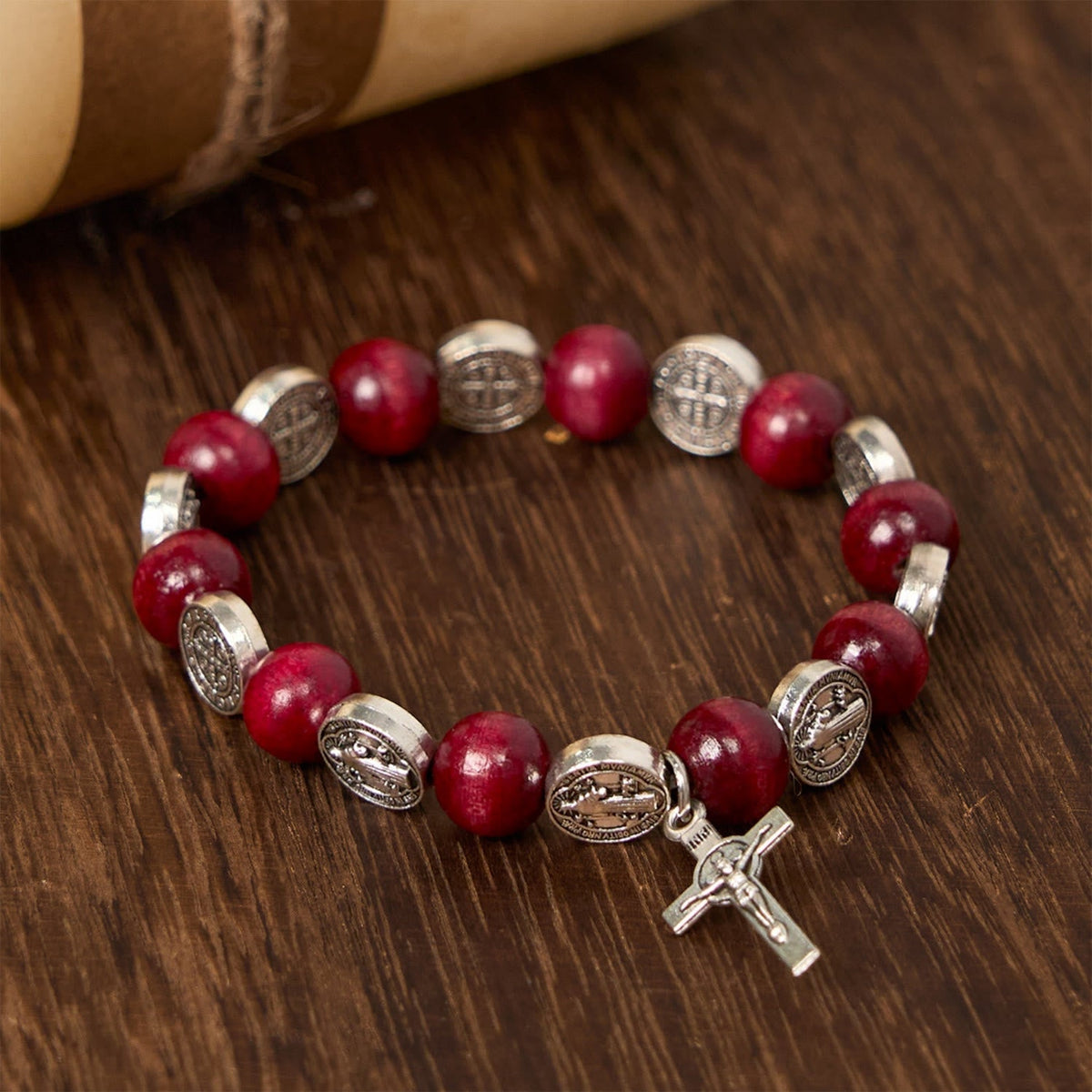 Vintage Style St. Benedict Pendant and Red Beads Bracelet