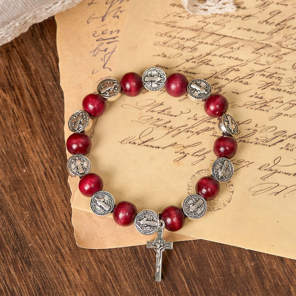 Vintage Style St. Benedict Pendant and Red Beads Bracelet
