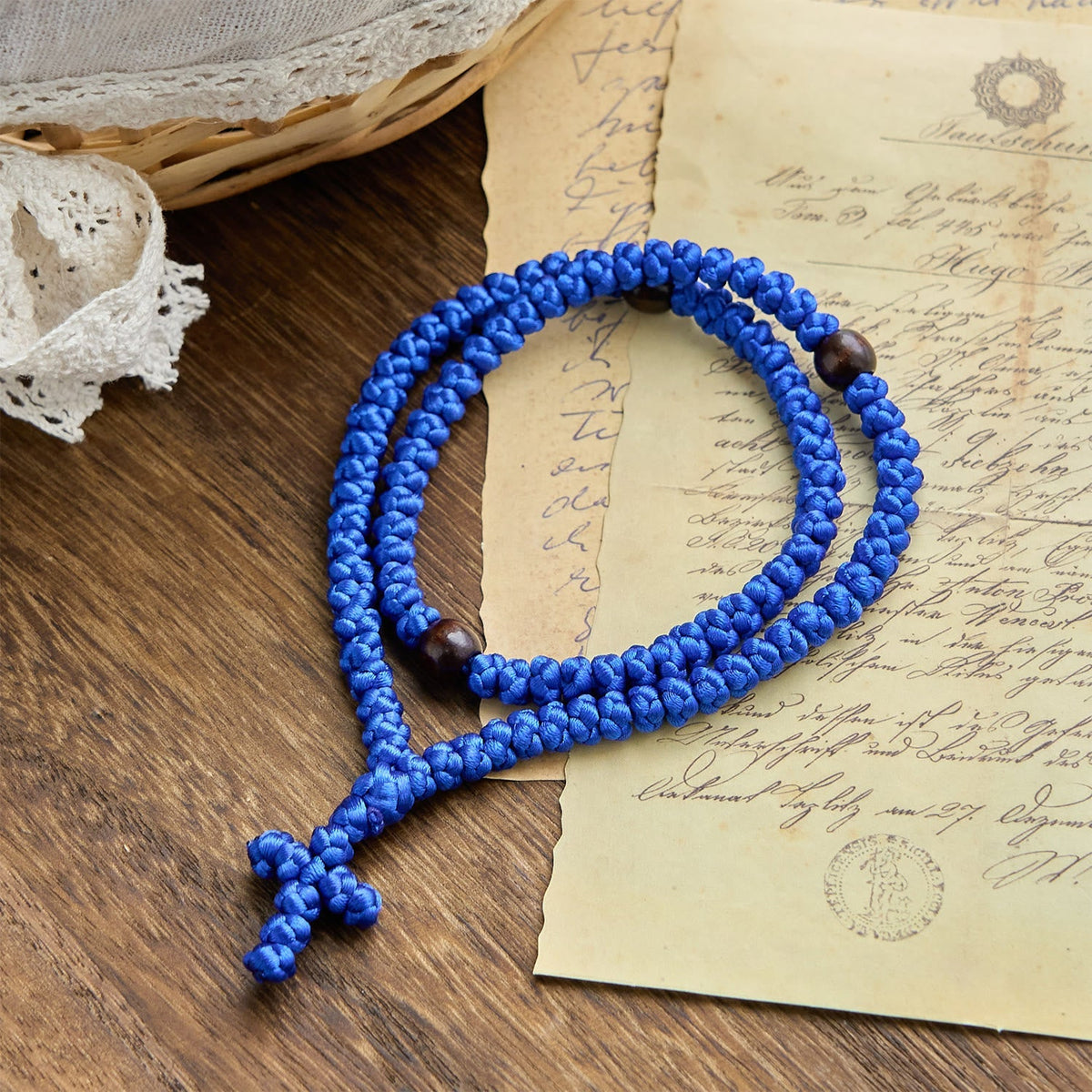 Blue & Black Cross 100 Blessing Knots String Necklace