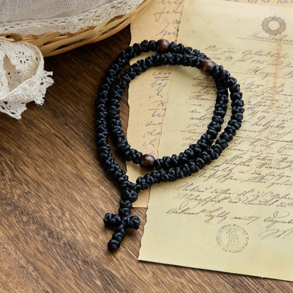 Blue & Black Cross 100 Blessing Knots String Necklace