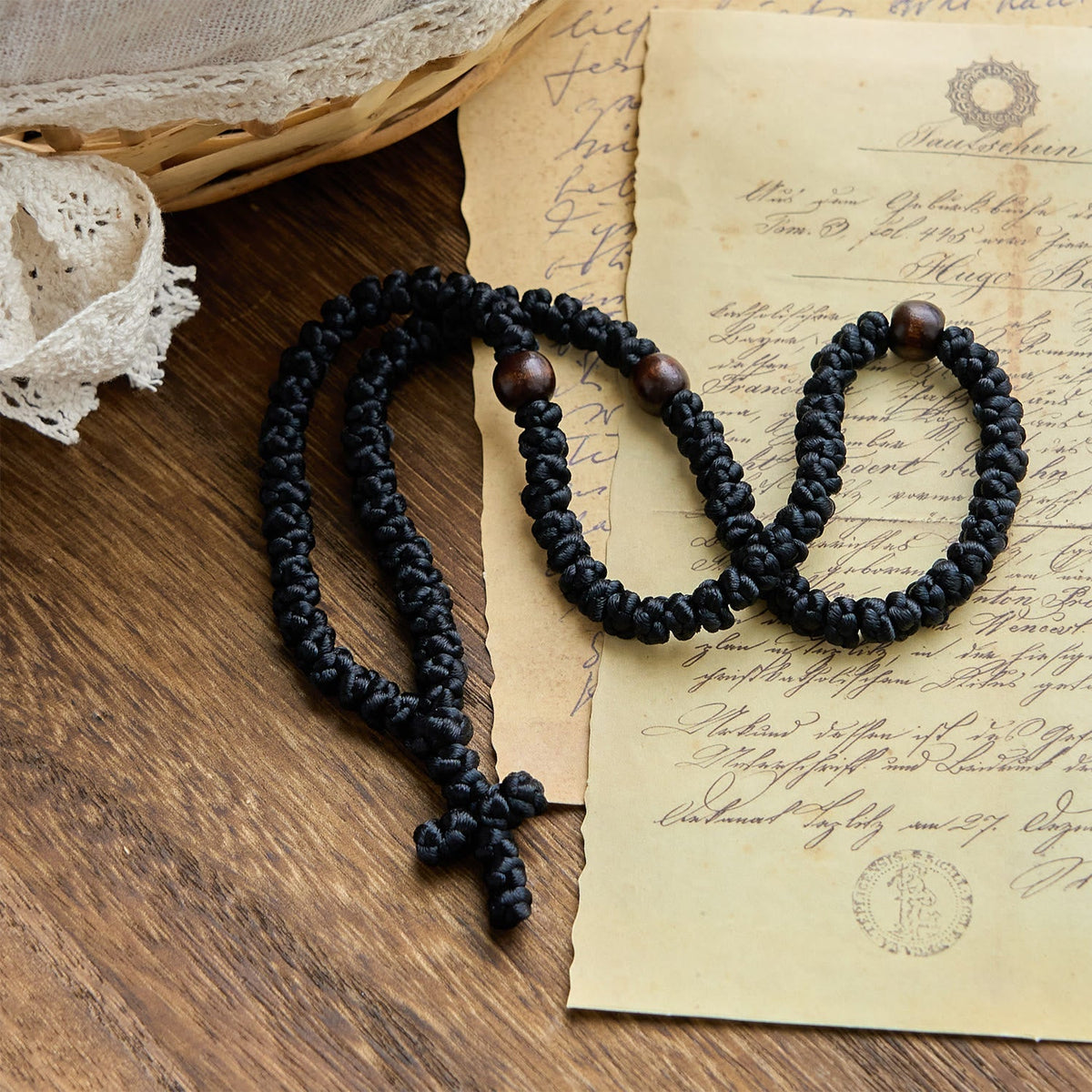 Blue & Black Cross 100 Blessing Knots String Necklace