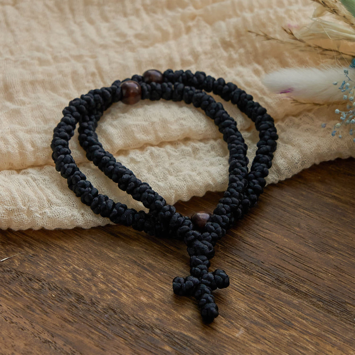 Blue & Black Cross 100 Blessing Knots String Necklace