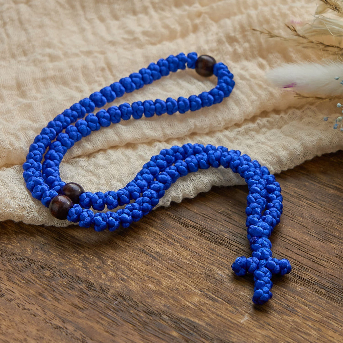 Blue & Black Cross 100 Blessing Knots String Necklace