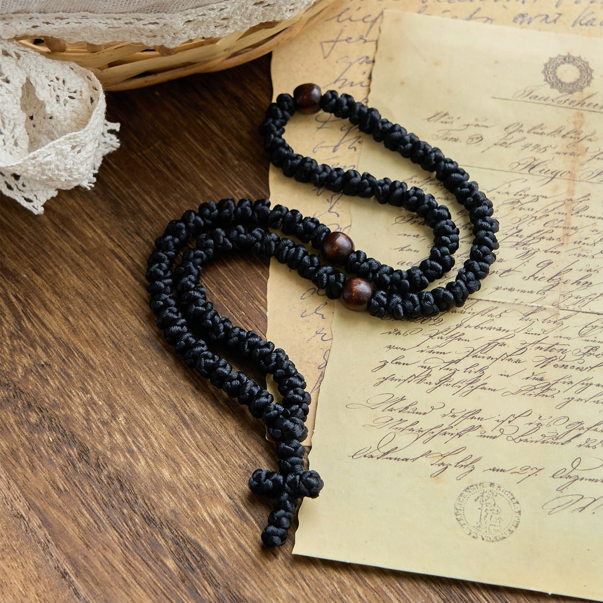 Blue & Black Cross 100 Blessing Knots String Necklace