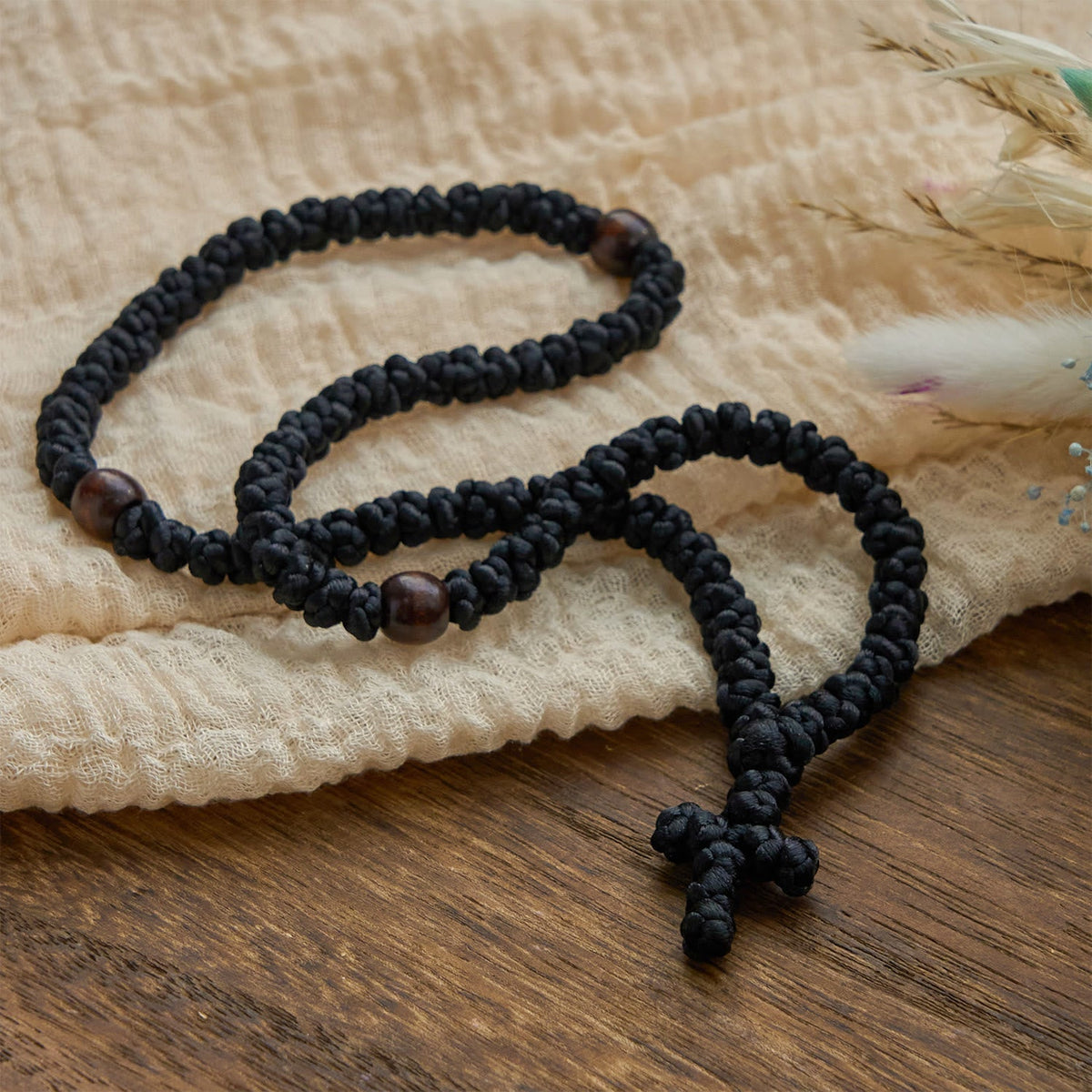 Blue & Black Cross 100 Blessing Knots String Necklace