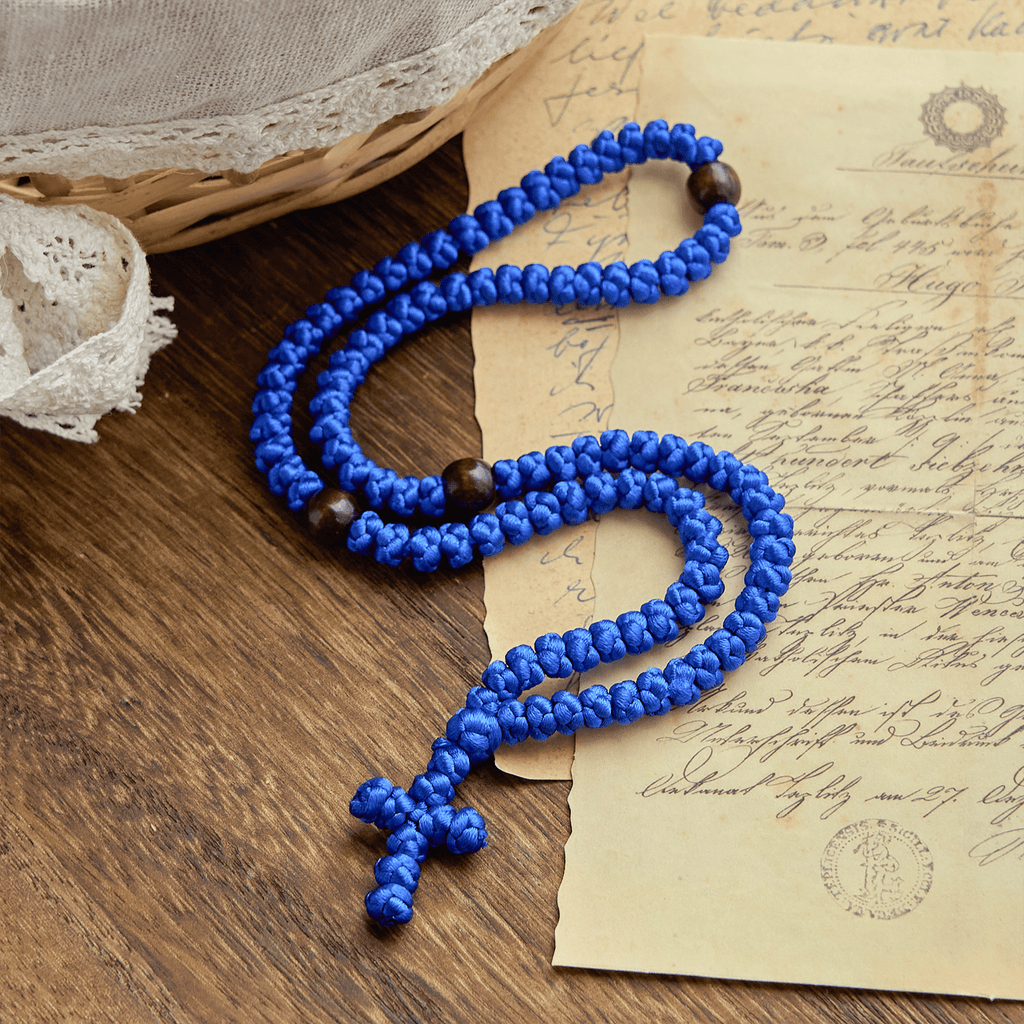 Blue & Black Cross 100 Blessing Knots String Necklace