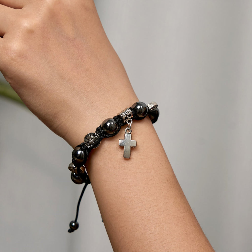Hematite Bead Bracelet with Cross & St. Benedict