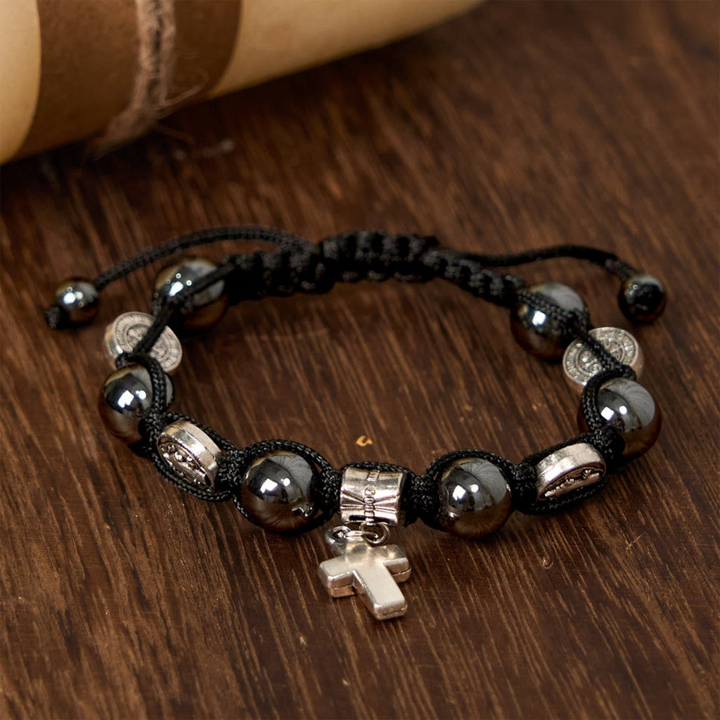 Hematite Bead Bracelet with Cross & St. Benedict