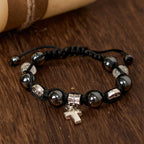 Hematite Bead Bracelet with Cross & St. Benedict