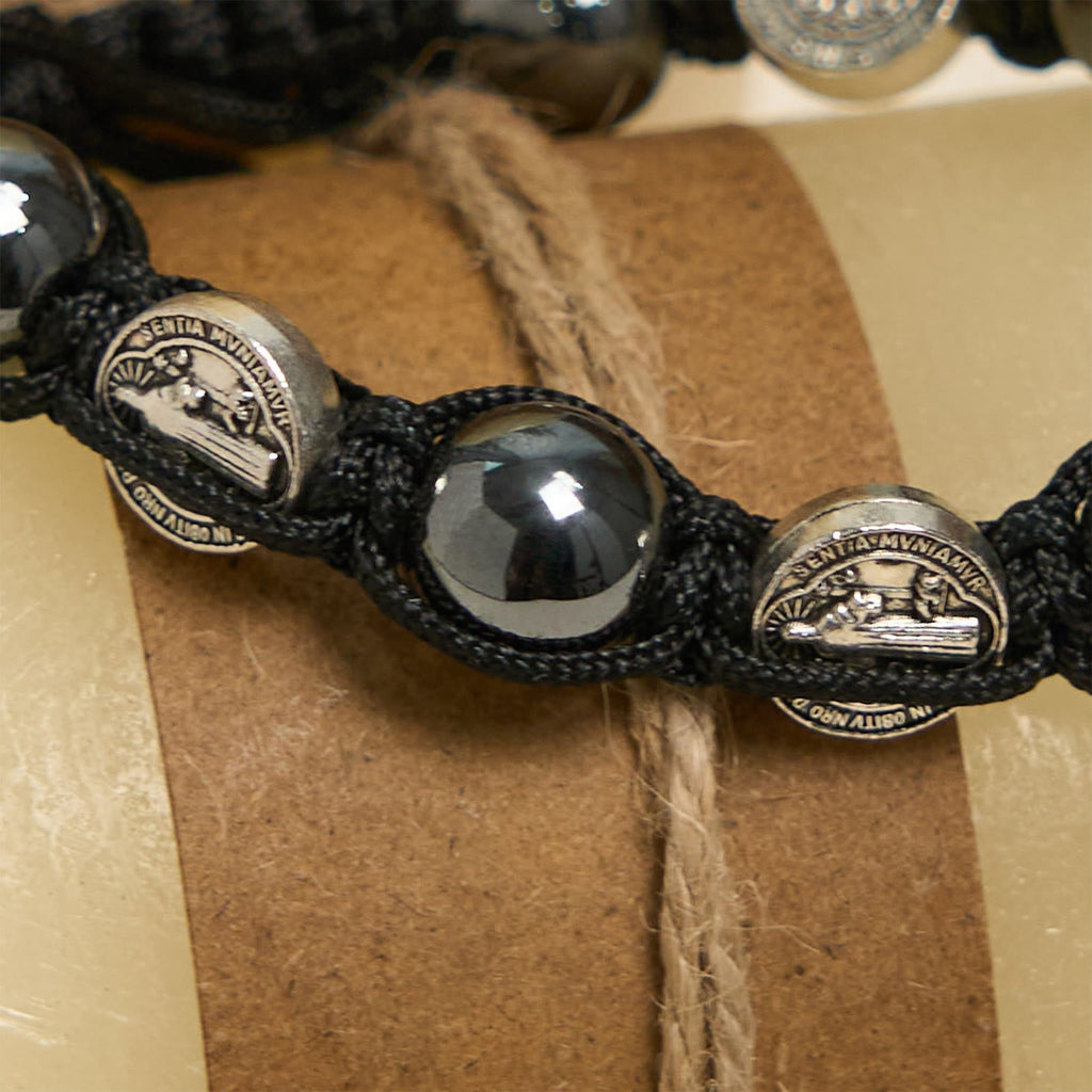 Hematite Bead Bracelet with Cross & St. Benedict