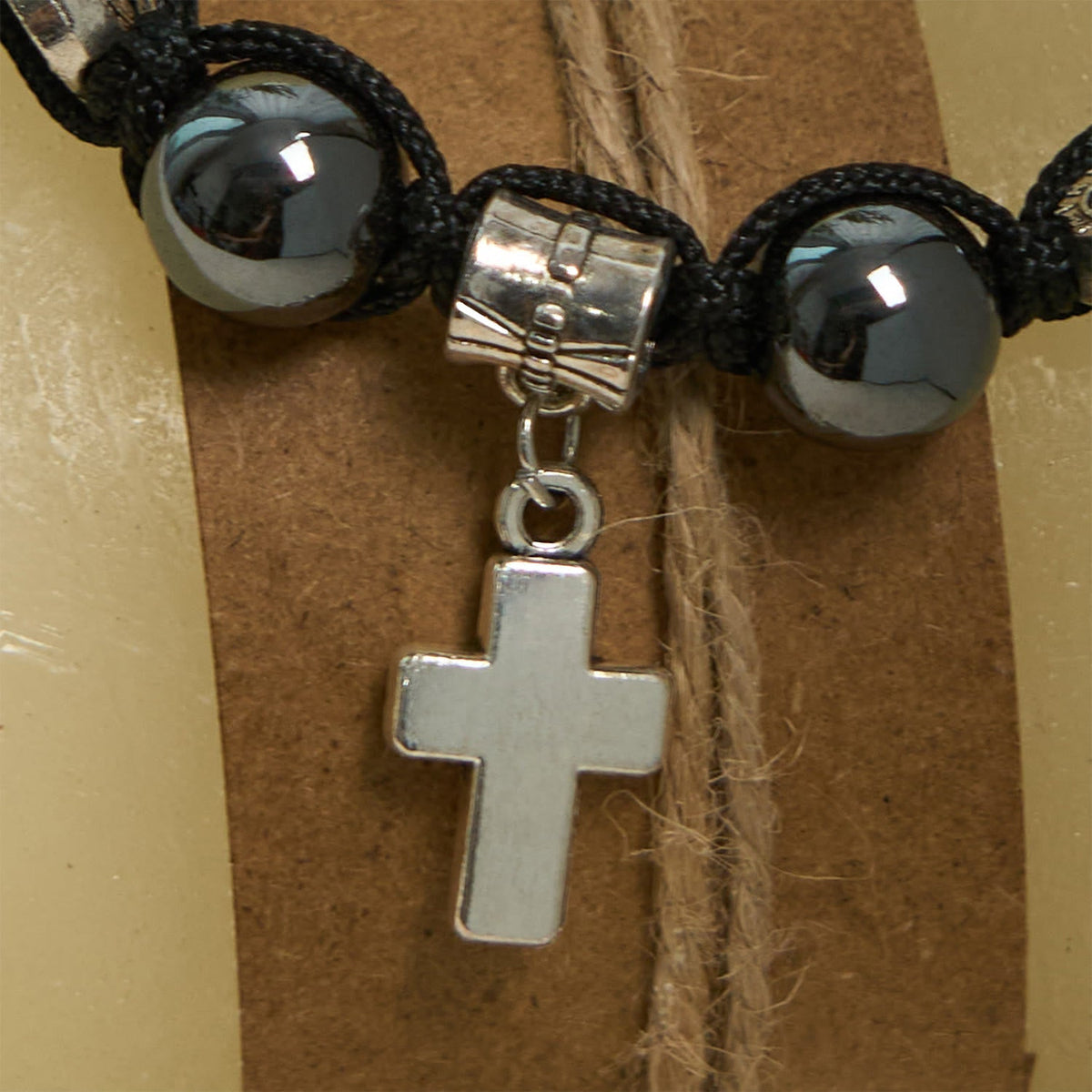 Hematite Bead Bracelet with Cross & St. Benedict