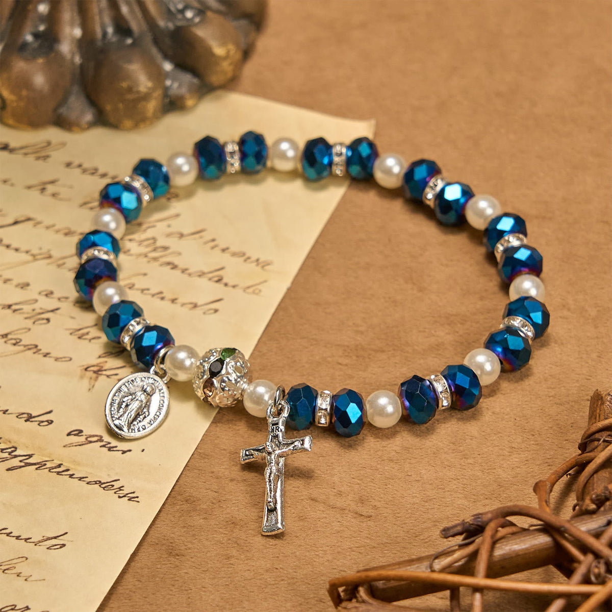 Modern Clear Crystal Stretch Braceletwith Crucifix & Miraculous Medal
