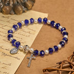 Modern Clear Crystal Stretch Braceletwith Crucifix & Miraculous Medal