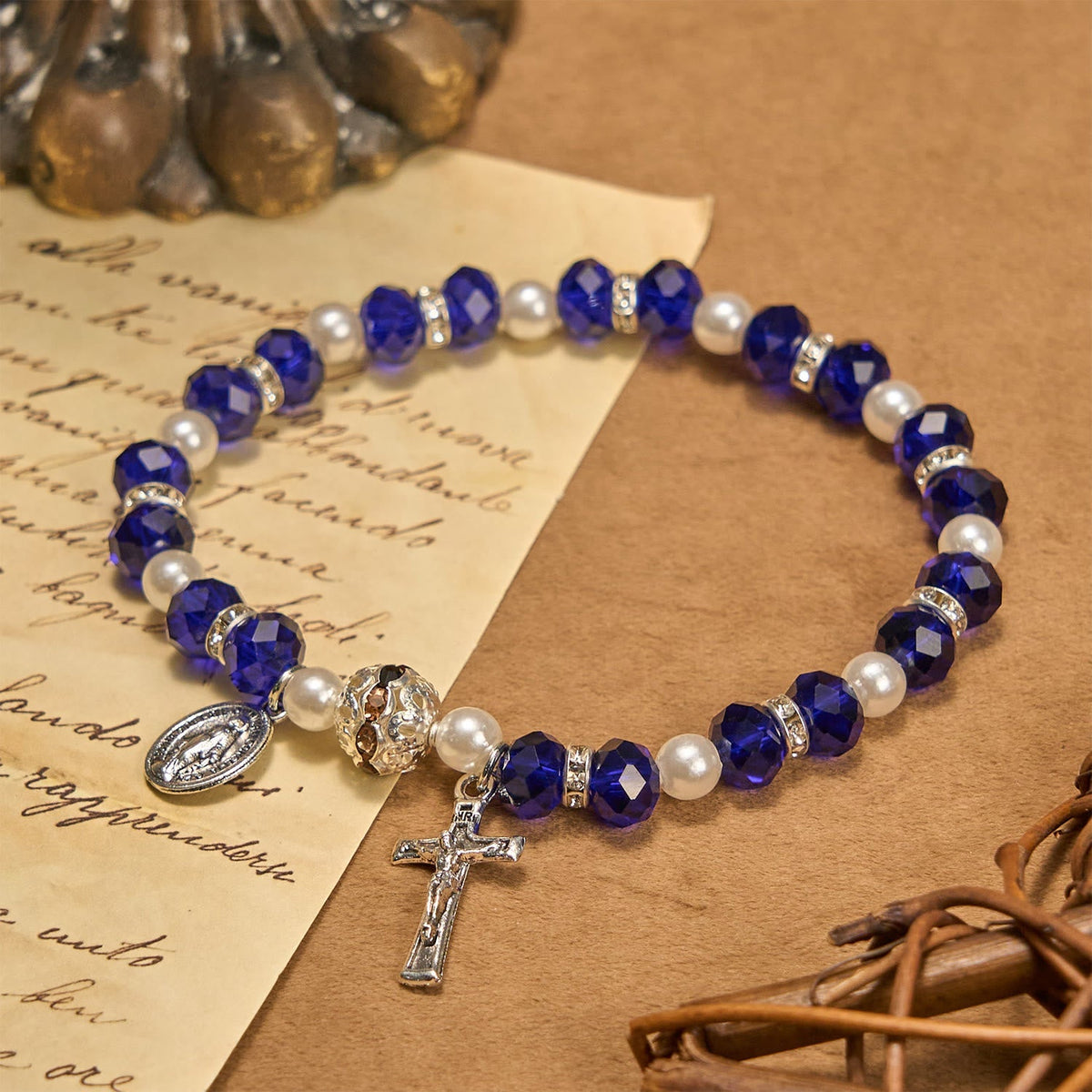 Modern Clear Crystal Stretch Braceletwith Crucifix & Miraculous Medal