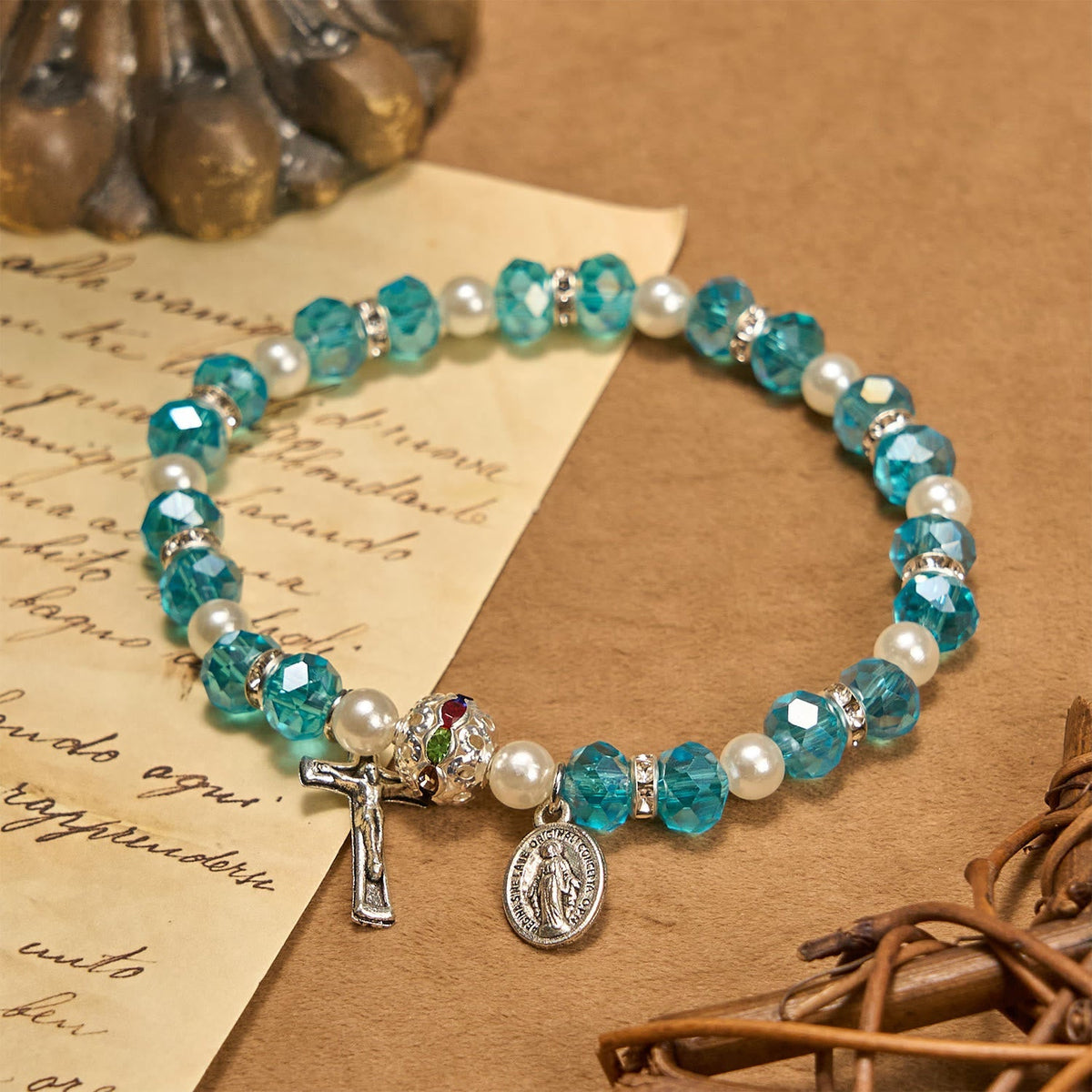 Modern Clear Crystal Stretch Braceletwith Crucifix & Miraculous Medal