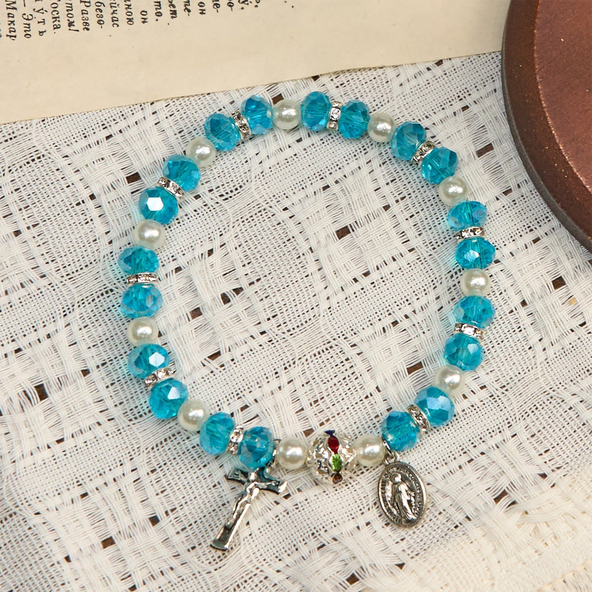 Modern Clear Crystal Stretch Braceletwith Crucifix & Miraculous Medal