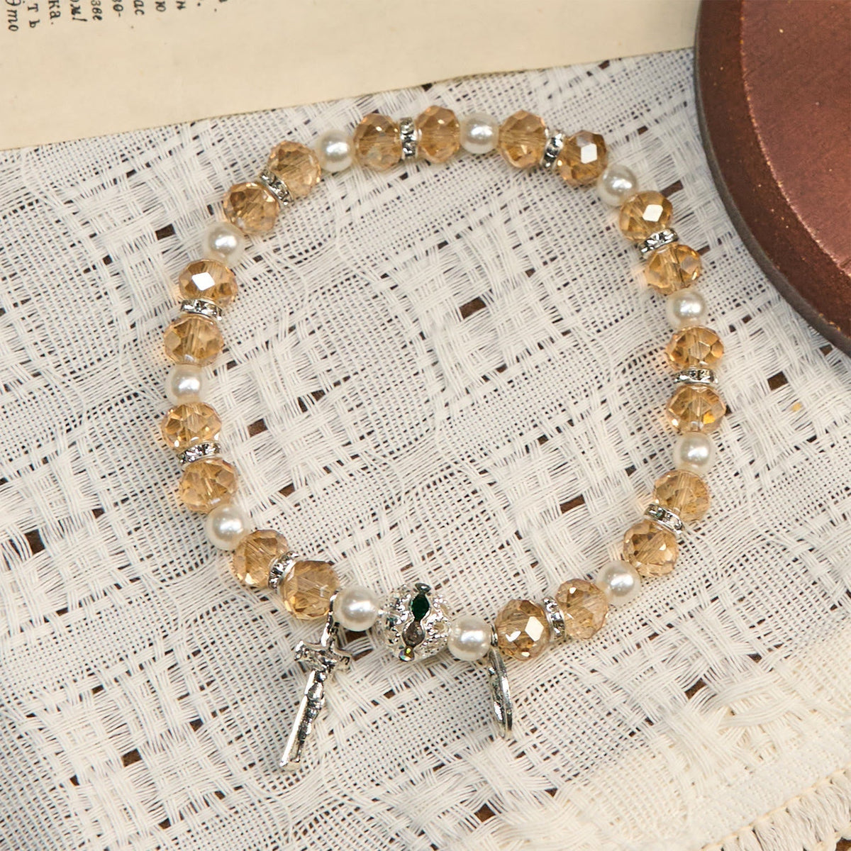 Modern Clear Crystal Stretch Braceletwith Crucifix & Miraculous Medal