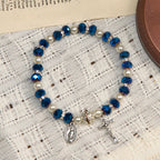 Modern Clear Crystal Stretch Braceletwith Crucifix & Miraculous Medal