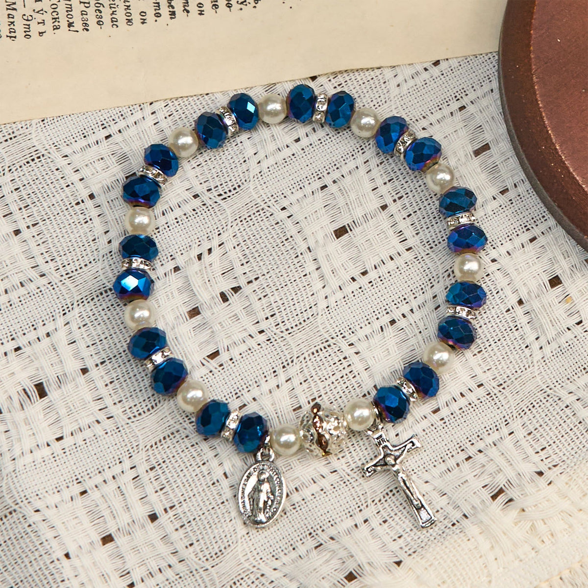Modern Clear Crystal Stretch Braceletwith Crucifix & Miraculous Medal