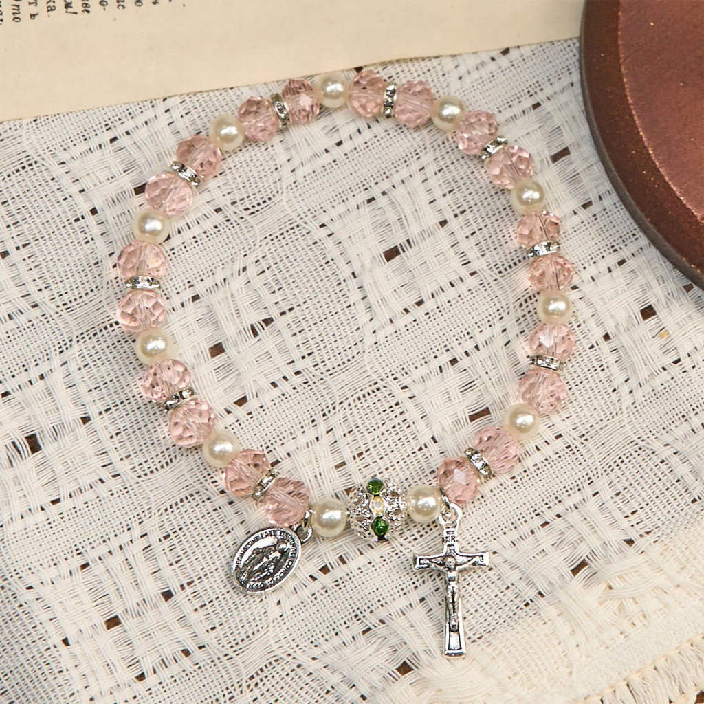 Modern Clear Crystal Stretch Braceletwith Crucifix & Miraculous Medal