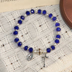 Modern Clear Crystal Stretch Braceletwith Crucifix & Miraculous Medal
