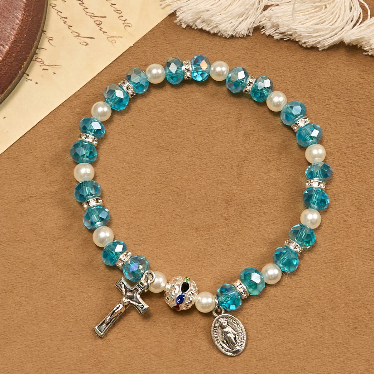 Modern Clear Crystal Stretch Braceletwith Crucifix & Miraculous Medal