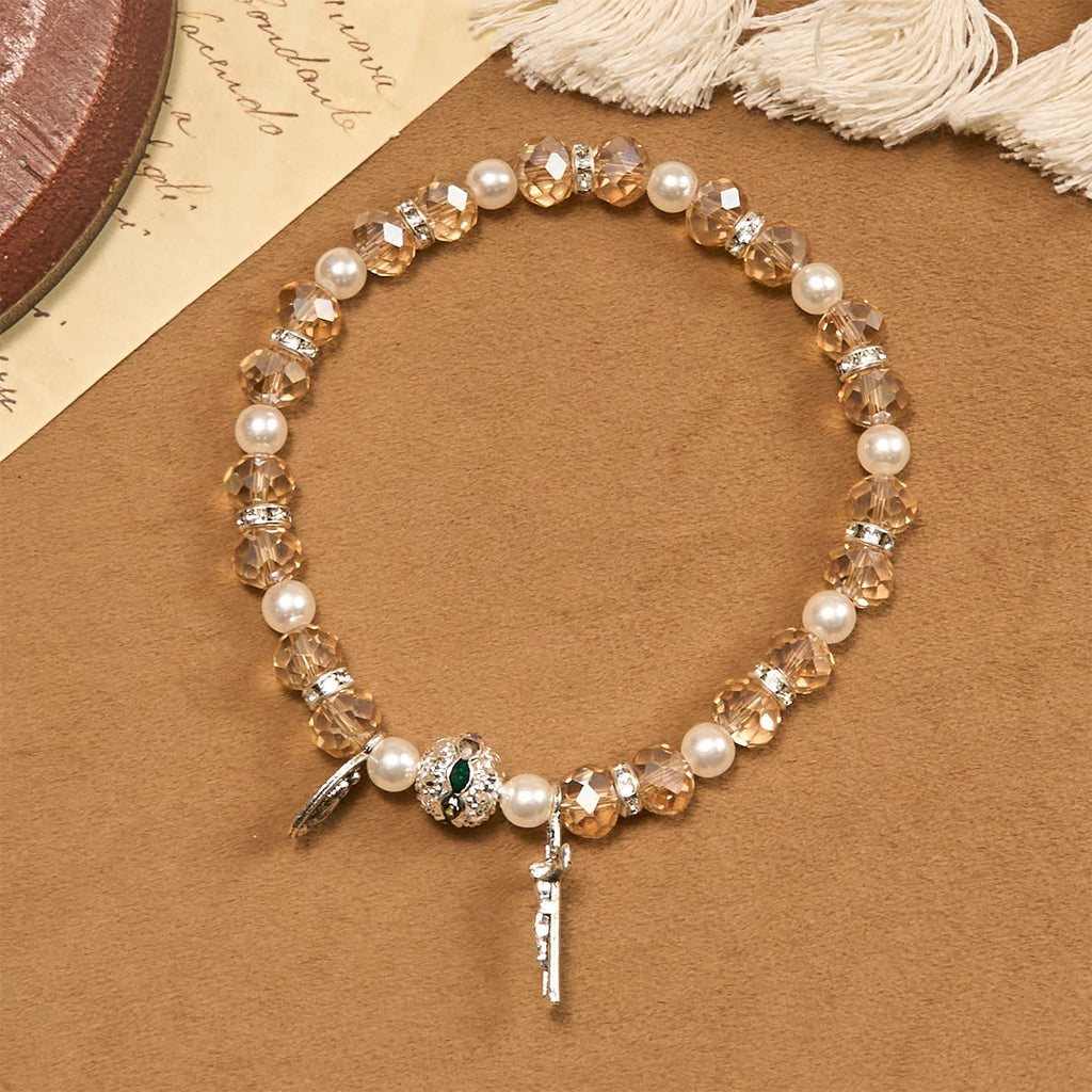 Modern Clear Crystal Stretch Braceletwith Crucifix & Miraculous Medal