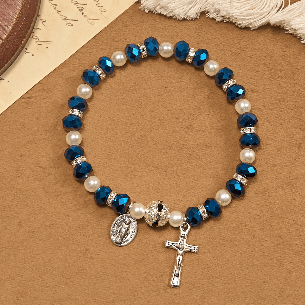 Modern Clear Crystal Stretch Braceletwith Crucifix & Miraculous Medal