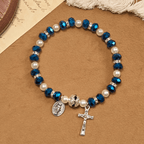Modern Clear Crystal Stretch Braceletwith Crucifix & Miraculous Medal