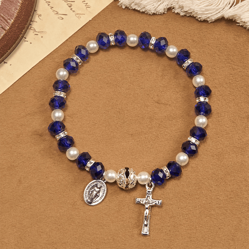 Modern Clear Crystal Stretch Braceletwith Crucifix & Miraculous Medal