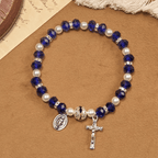 Modern Clear Crystal Stretch Braceletwith Crucifix & Miraculous Medal
