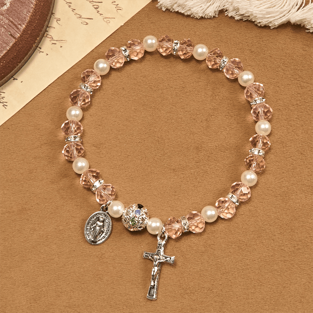 Modern Clear Crystal Stretch Braceletwith Crucifix & Miraculous Medal
