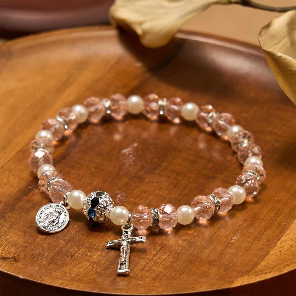 Modern Clear Crystal Stretch Braceletwith Crucifix & Miraculous Medal