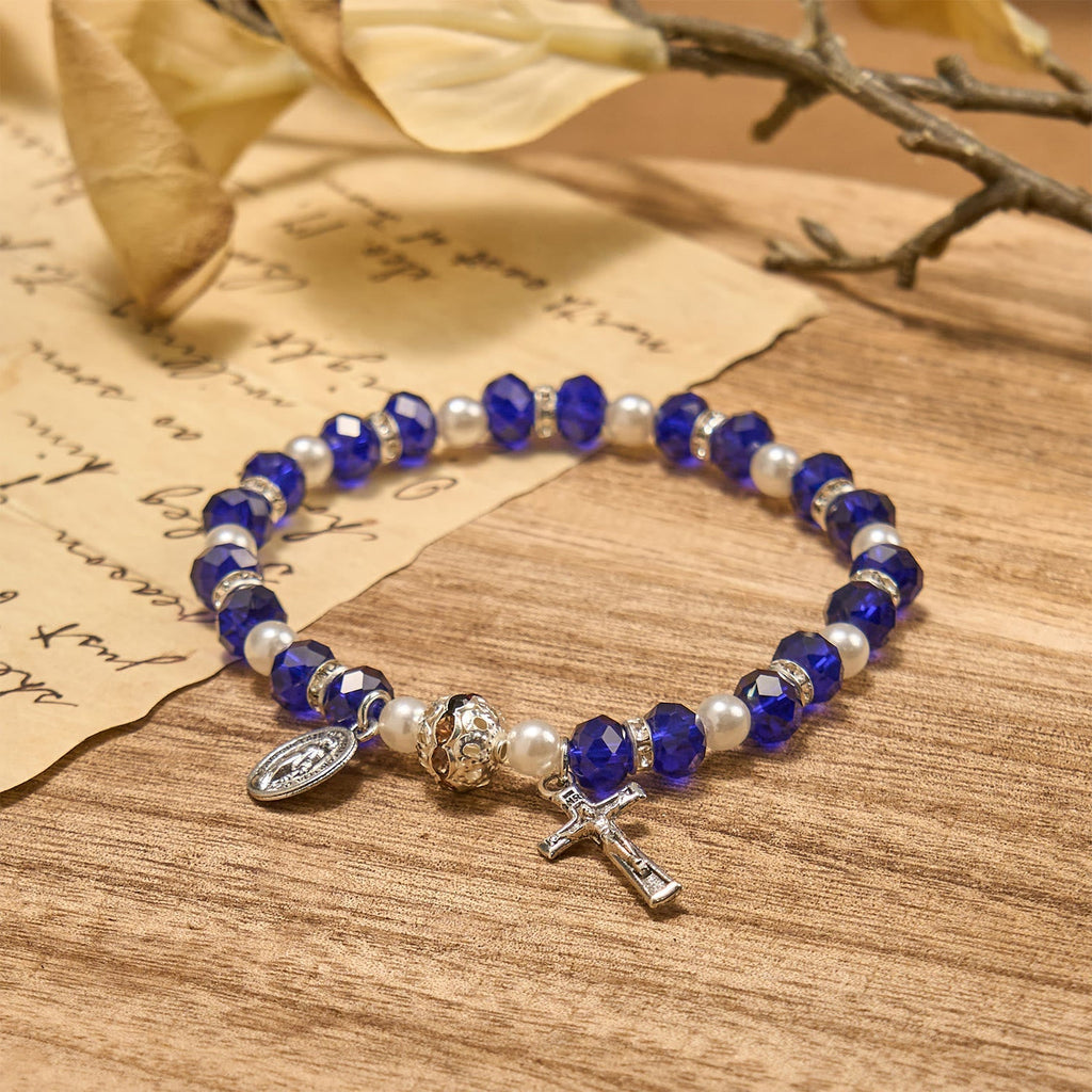 Modern Clear Crystal Stretch Braceletwith Crucifix & Miraculous Medal