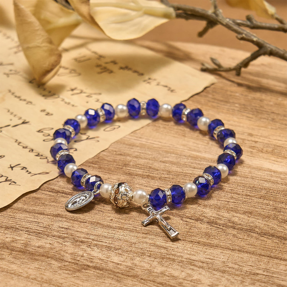Modern Clear Crystal Stretch Braceletwith Crucifix & Miraculous Medal