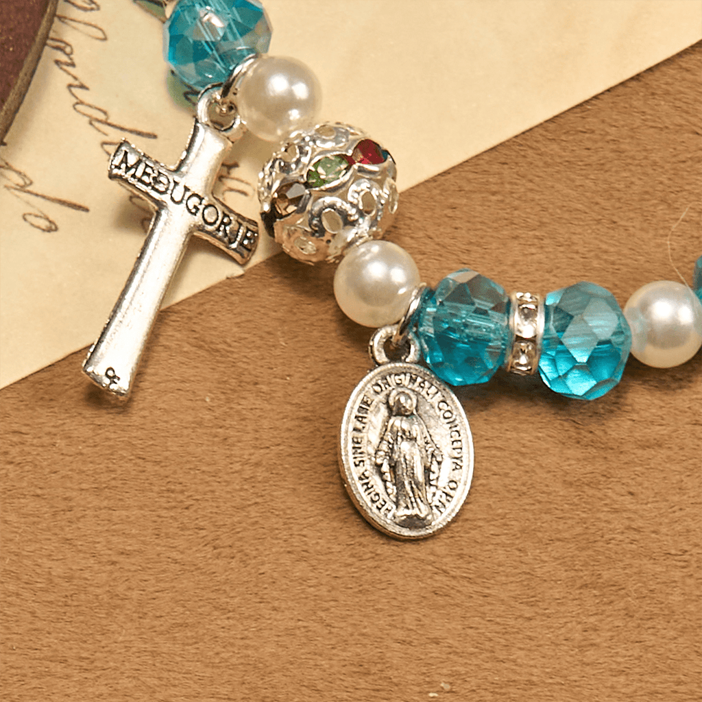 Modern Clear Crystal Stretch Braceletwith Crucifix & Miraculous Medal