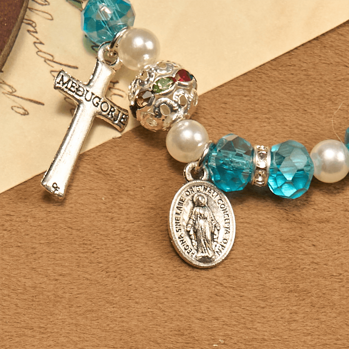 Modern Clear Crystal Stretch Braceletwith Crucifix & Miraculous Medal